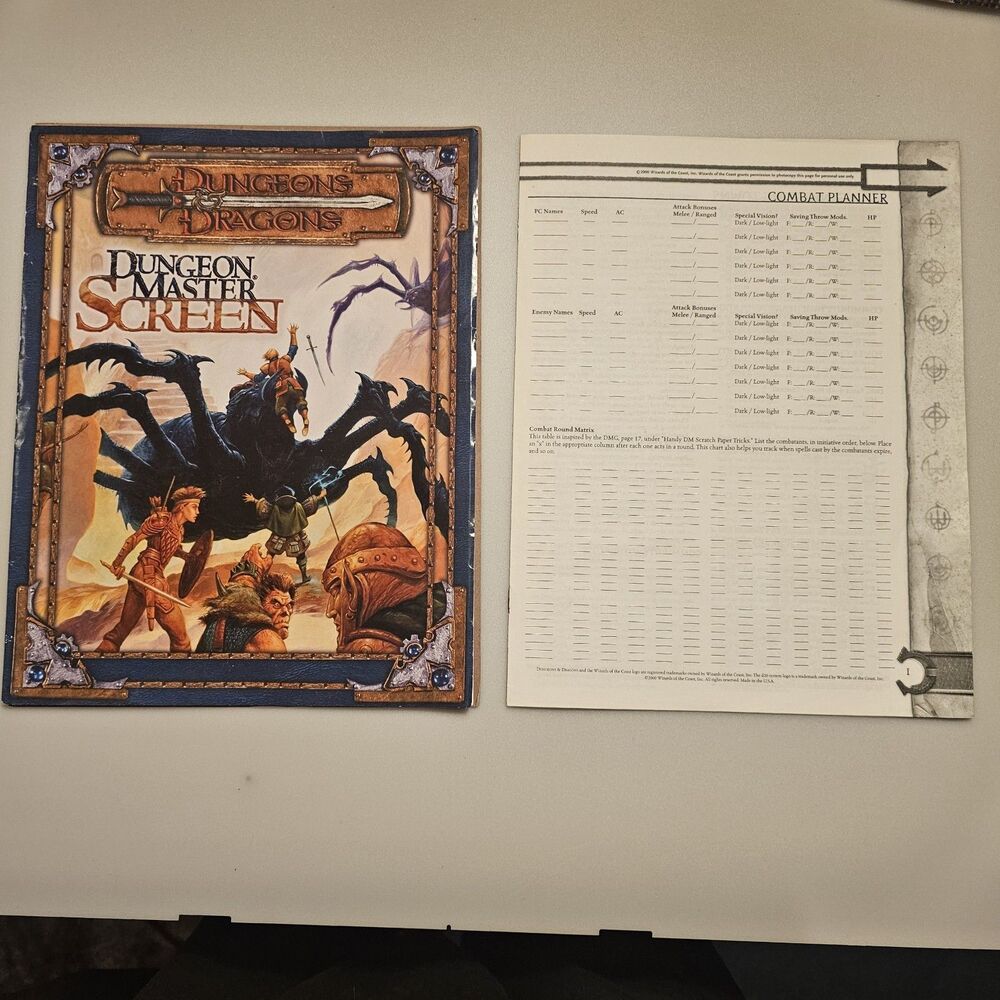 Dungeon Master's DM Screen Tri-Fold Guide & D&D Combat Guide Manual 3rd Ed. 2000